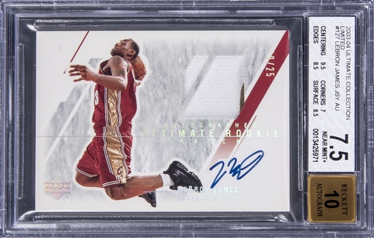 2003/04 Upper Deck Ultimate Collection "Autographed Ultimate Rookie Patch" #127P  LeBron James Signed Jersey Rookie Card (#10/25) - BGS NM+ 7.5/BGS 10